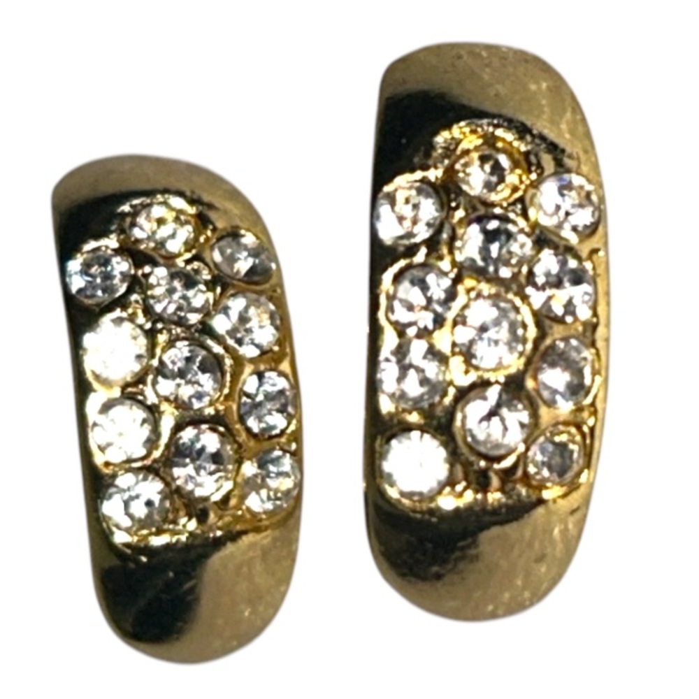 Vintage 90s Half moon Earrings Pave' Bezeled Gold Retro rhinestone inlay